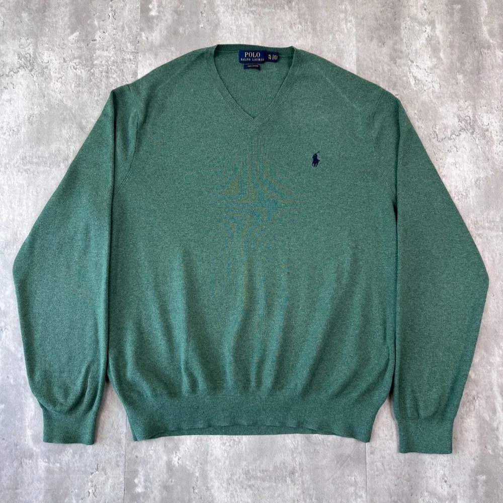 Polo Ralph Lauren Sweater Mens XL Green Pima Cotton V-Neck Preppy Blue Pony